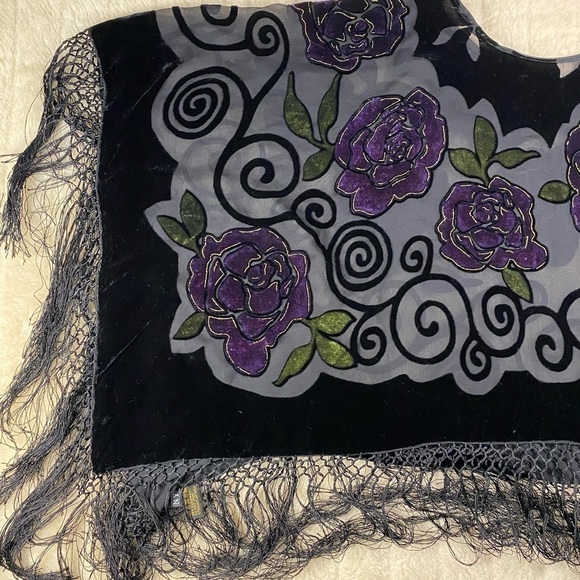 Vintage J & X Fringe Shall purple and black velvet silk - Picture 6 of 8